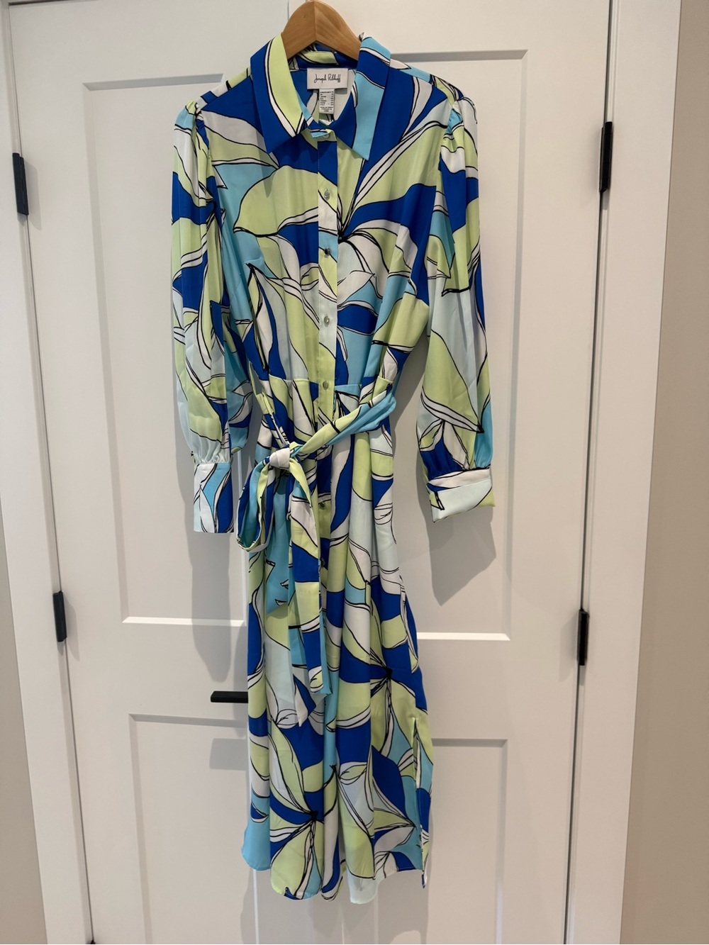 Joseph Ribkoff Blue Green Abstract Print Shirt Dress Size 14 Belted Midi